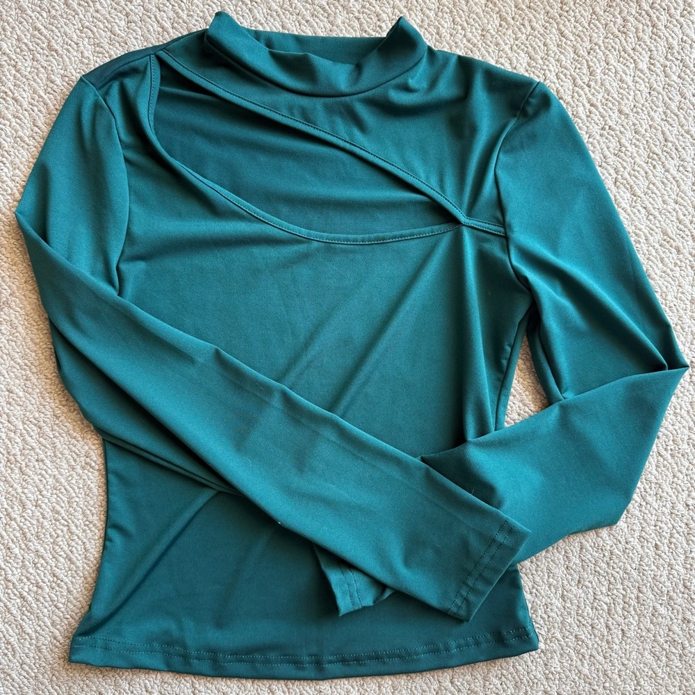 Emerald Green Long Sleeve Mock Neck Women's Top Size Medium Asymmetric Cut Out